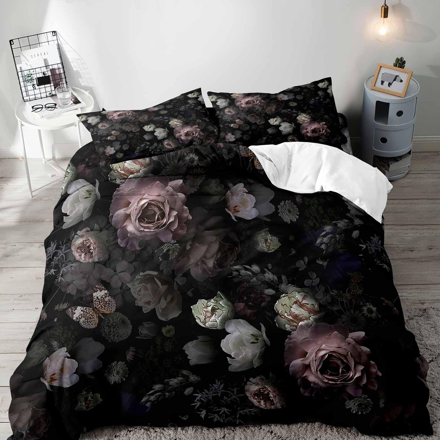 Aesthetic Floral Duvet Cover - Preto floral capa de edredão rainha