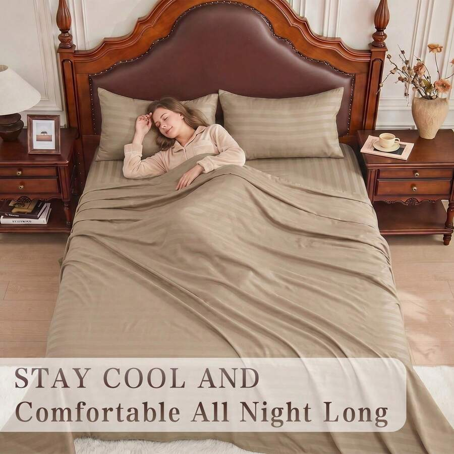 Fitted Bed Sheets Deep Pocket - Conjunto de Lençóis Listrados Refrescantes King
