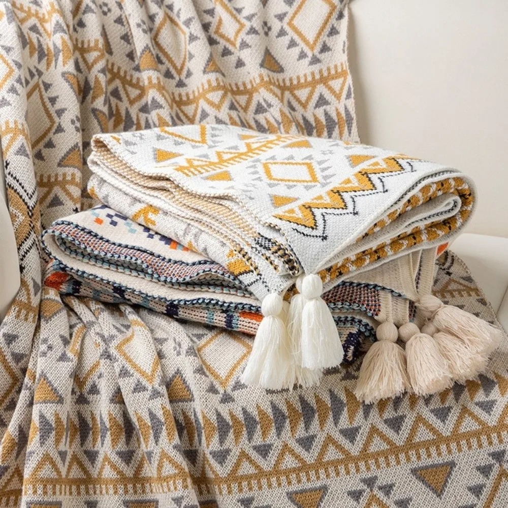 Boho Throw Blanket Fringe - Manta Vintage de Tricô Grosso Estilo
