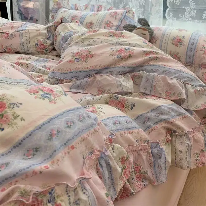Aesthetic Floral Duvet Cover - Estilo coreano princesa floral conjunto de
