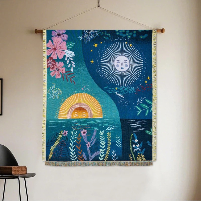 Boho Throw Blanket Fringe - Tapeçaria Tecida Celestial Sol e Lua