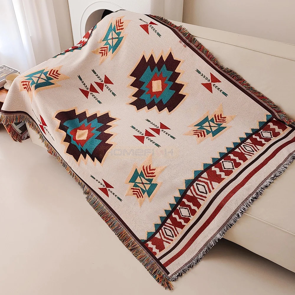 Boho Throw Blanket Fringe - Manta Aztec Oversized Boho com Franjas,